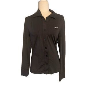 Puma Black Long Sleeve Button Down Polo Soft Stretchy Top medium